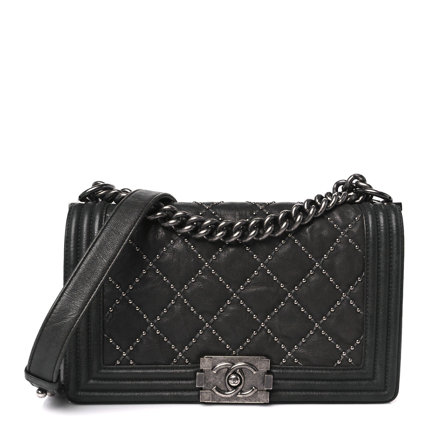 Crumpled Lambskin Medium Studded Boy Flap Black