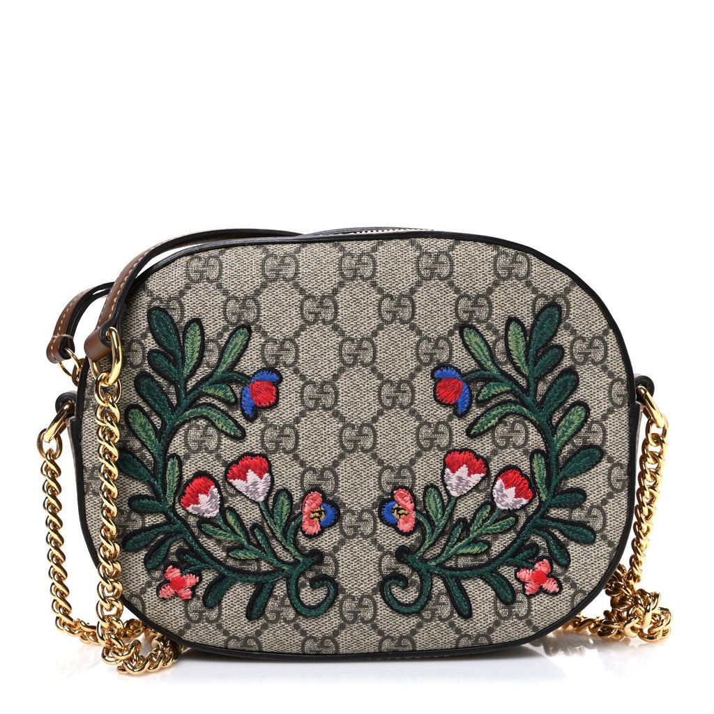 GG Supreme Monogram Floral Embroidered Mini Chain Shoulder Bag Beige Ebony Tuscany