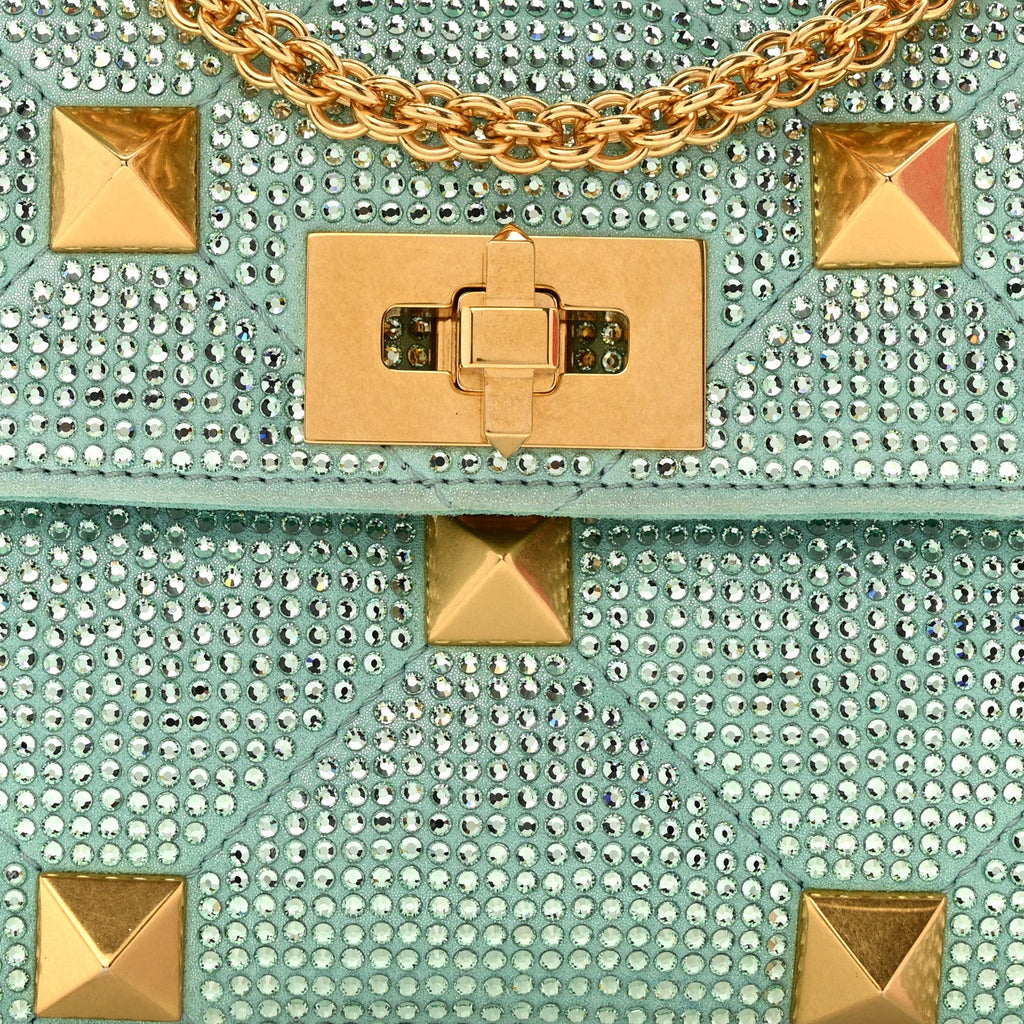 Crystal Suede Small Roman Stud Shoulder Bag Green