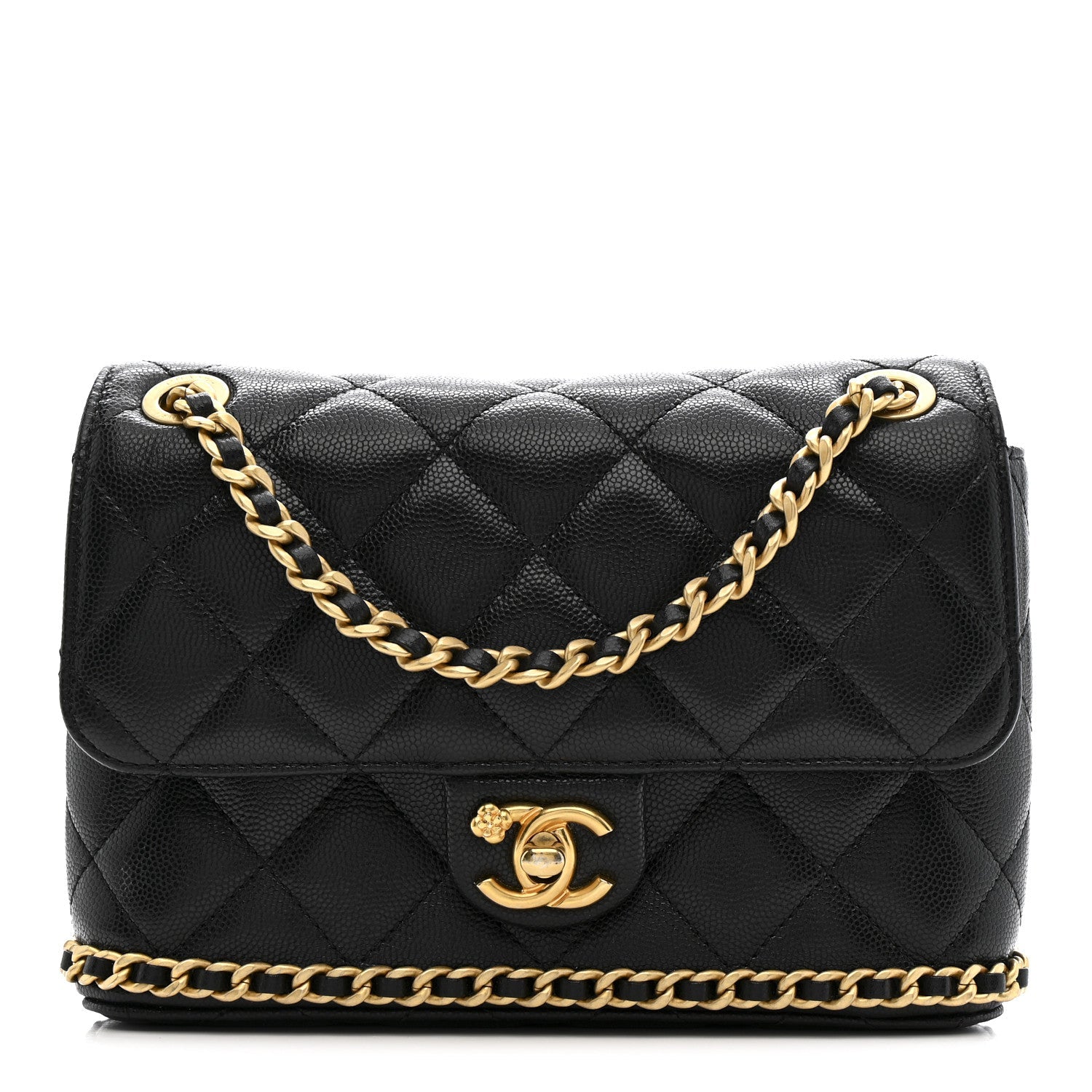 Caviar Quilted Camellia Chain Around Flap Black