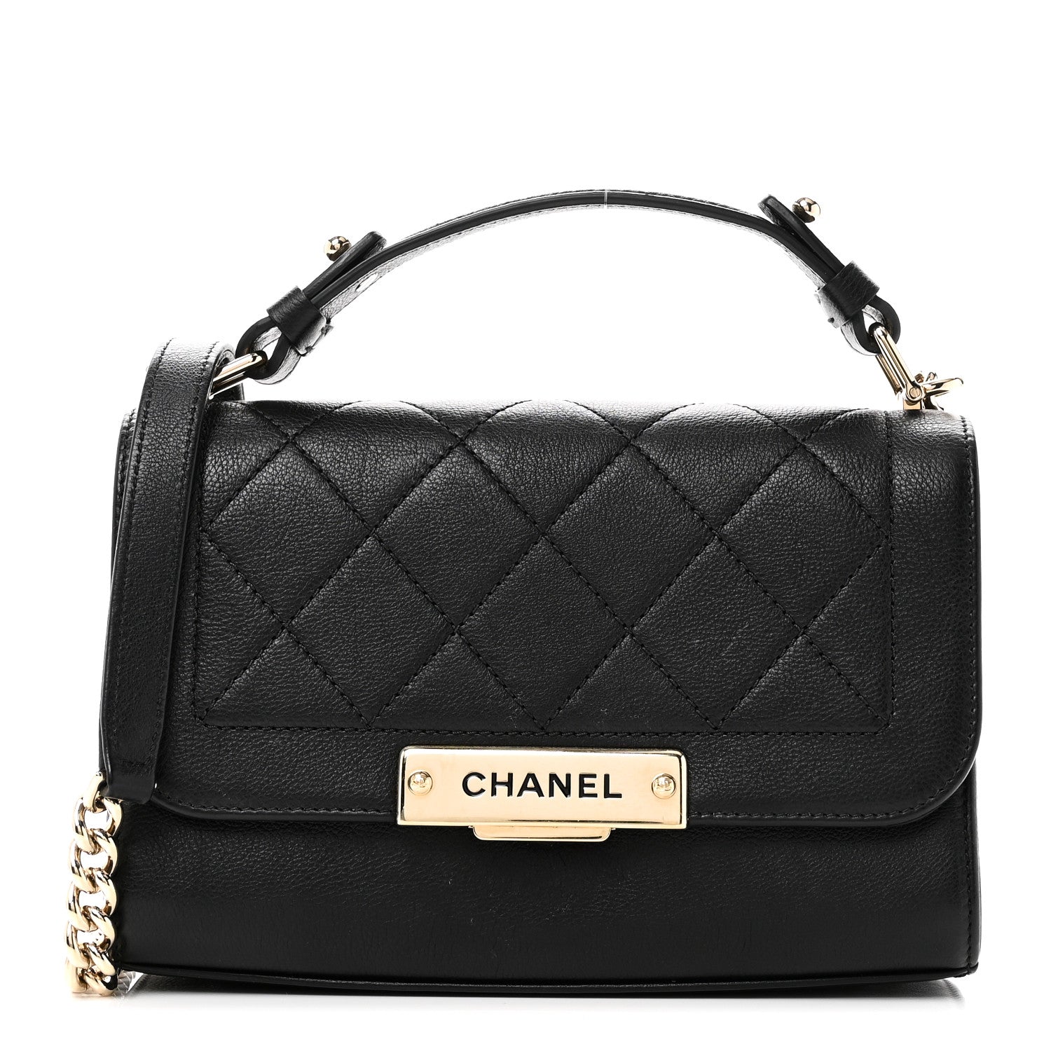 Grained Calfskin Quilted Small Label Click Flap Bag Black