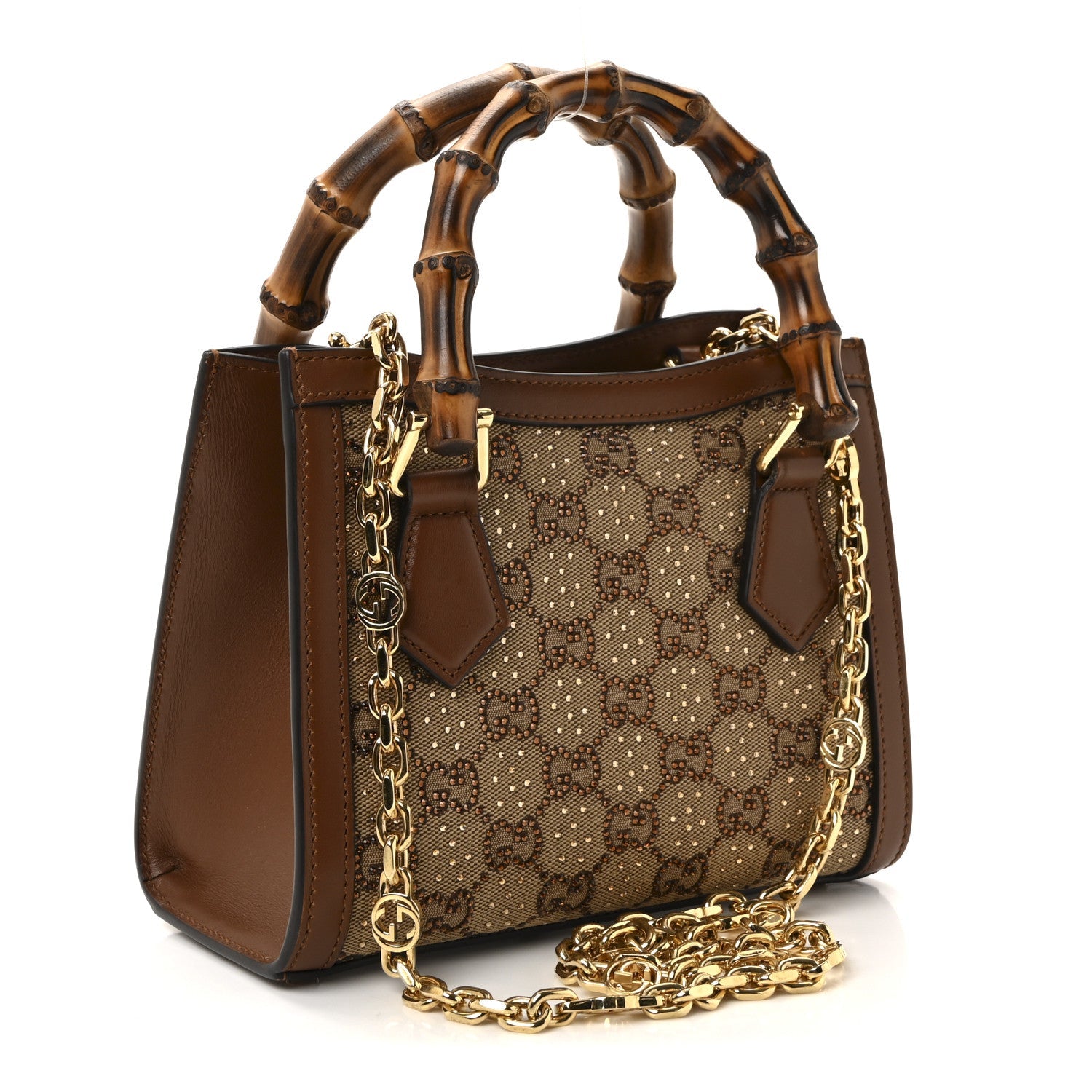 New Canvas Charisma Calfskin Crystal GG Monogram Mini Diana Tote Bag Camel Ebony