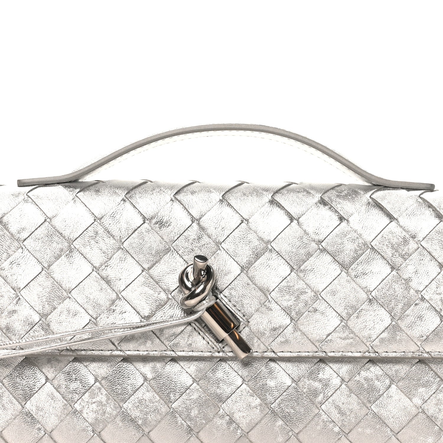 Metallic Lambskin Intrecciato Long Andiamo Top Handle Clutch Silver