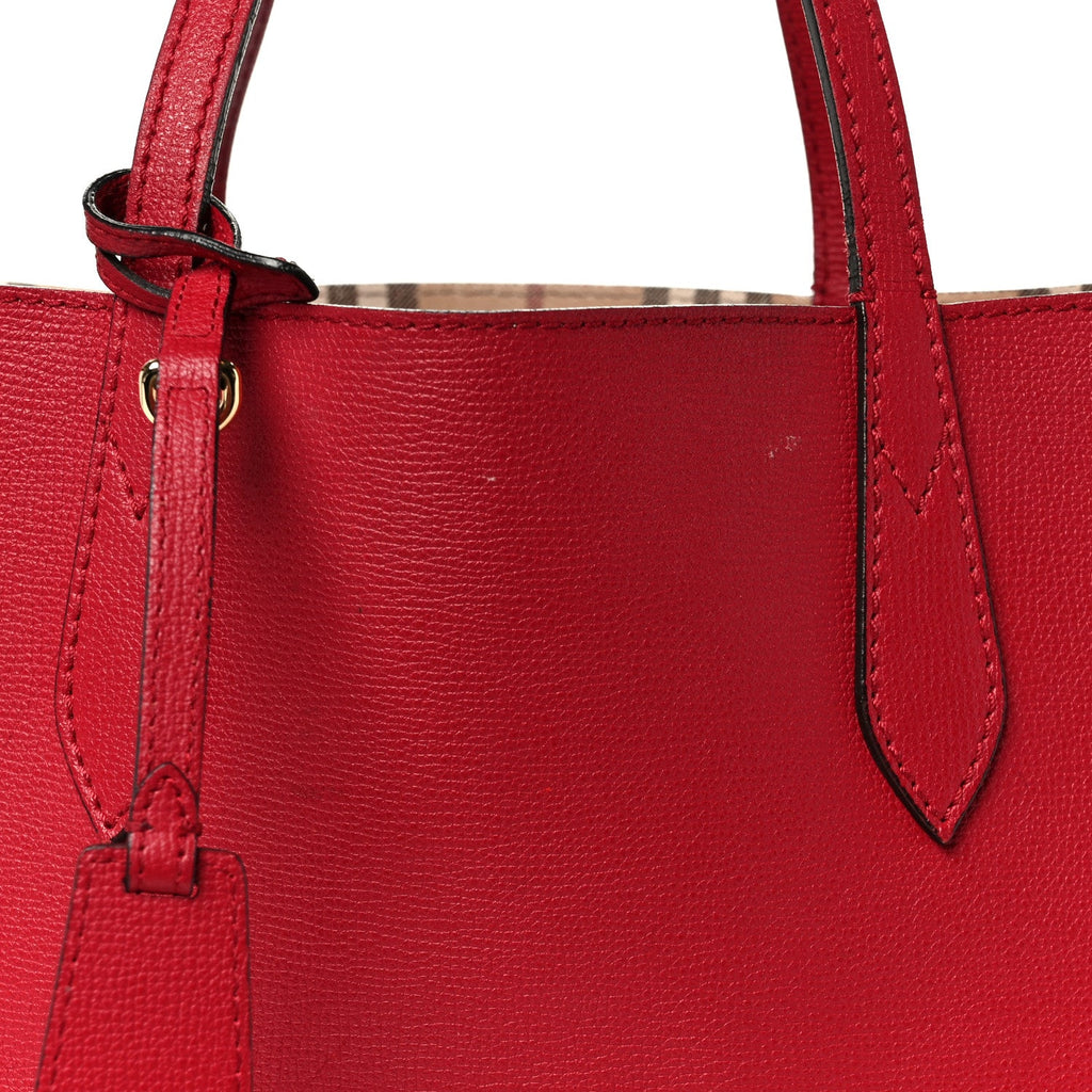 Grainy Calfskin Haymarket Check Medium Reversible Tote Red