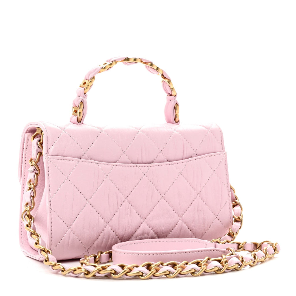 Crumpled Lambskin Quilted Mini CC Links Top Handle Flap Light Pink