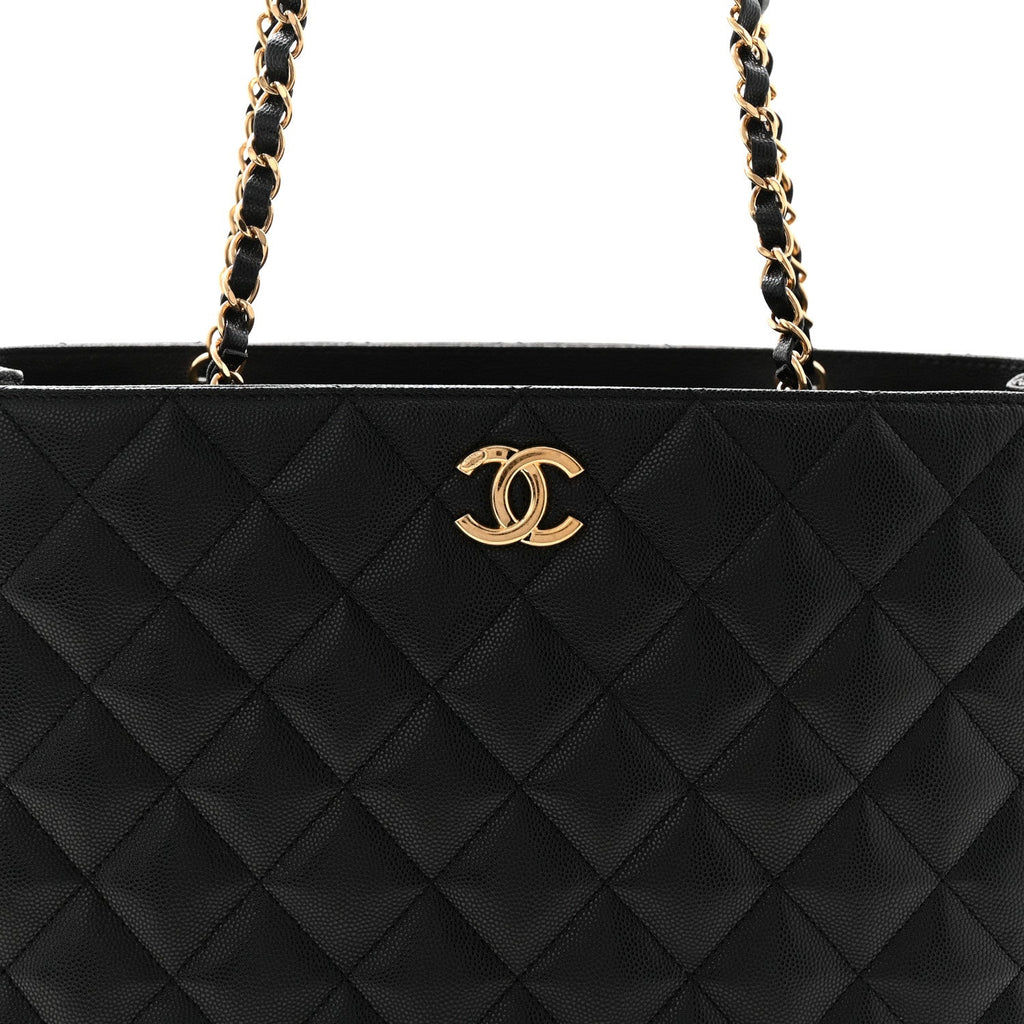 Caviar Quilted Small Shopping Tote Black