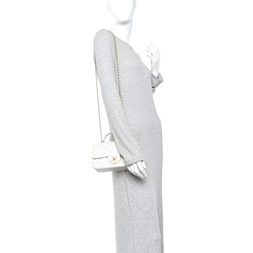 Iridescent Lambskin Quilted Mini Top Handle Rectangular Flap White
