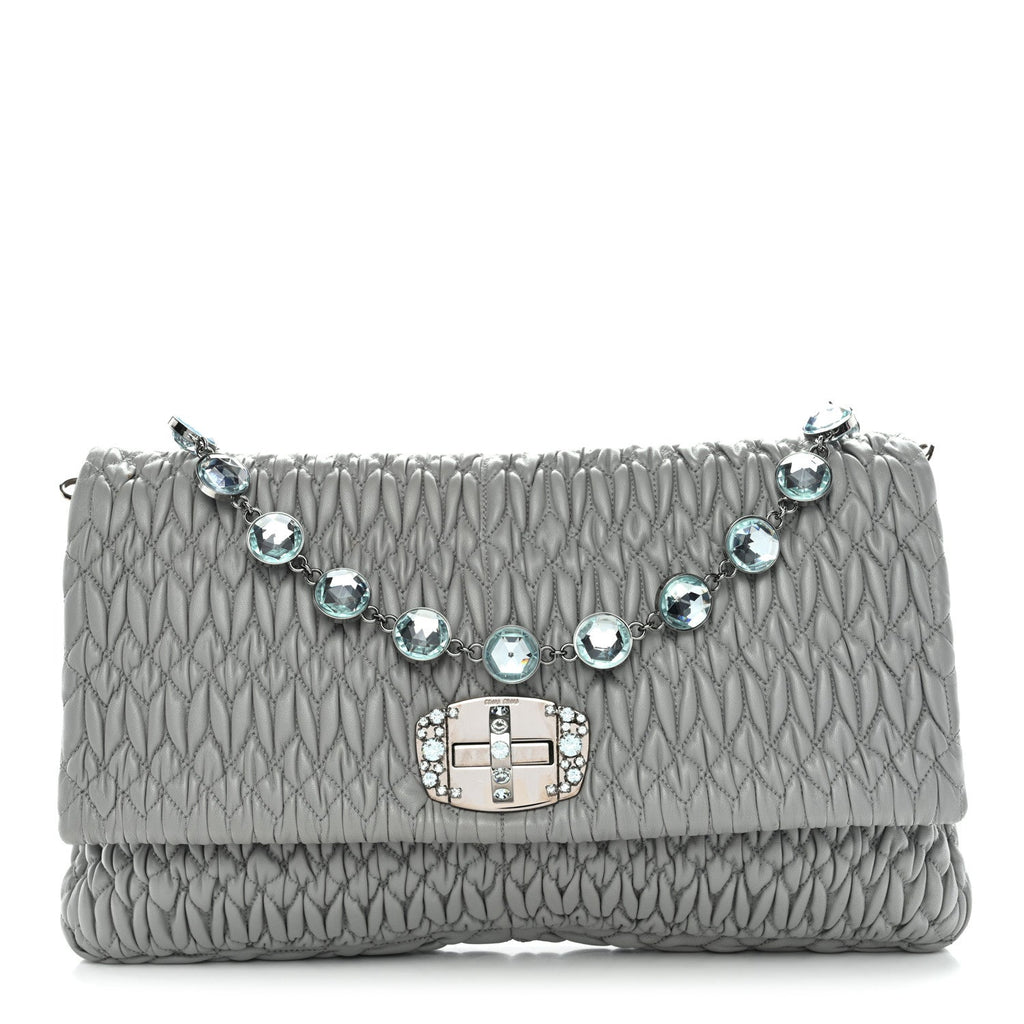 Nappa Matelasse Crystal Flap Clutch Grey