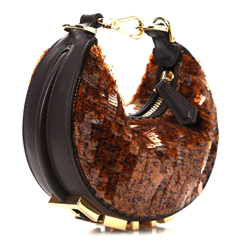 Sequin Paillettes Shiny Nappa Nano Fendigraphy Hobo Charm Brown