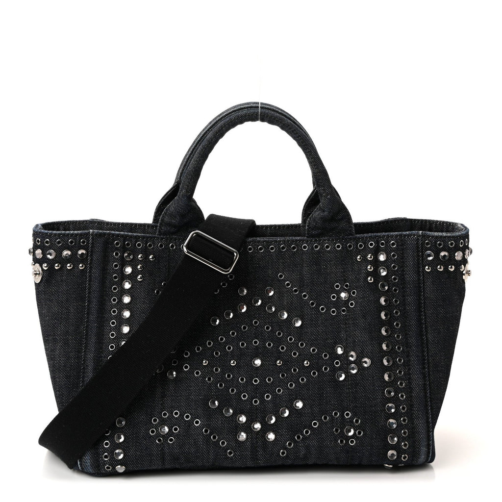 Canapa Denim Crystal Rivet Studded Tote Avio