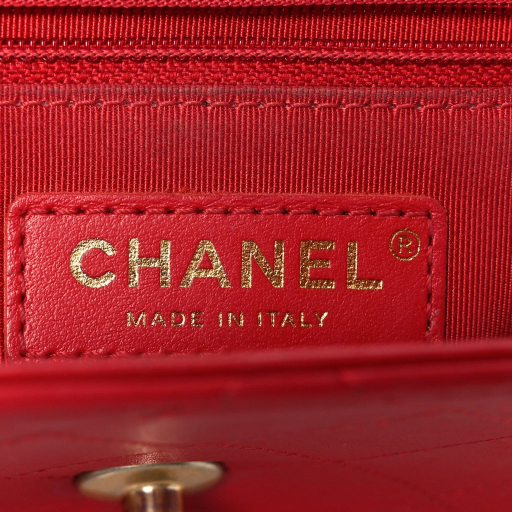 Lambskin Stitched Pearl Logo Top Handle Flap Red
