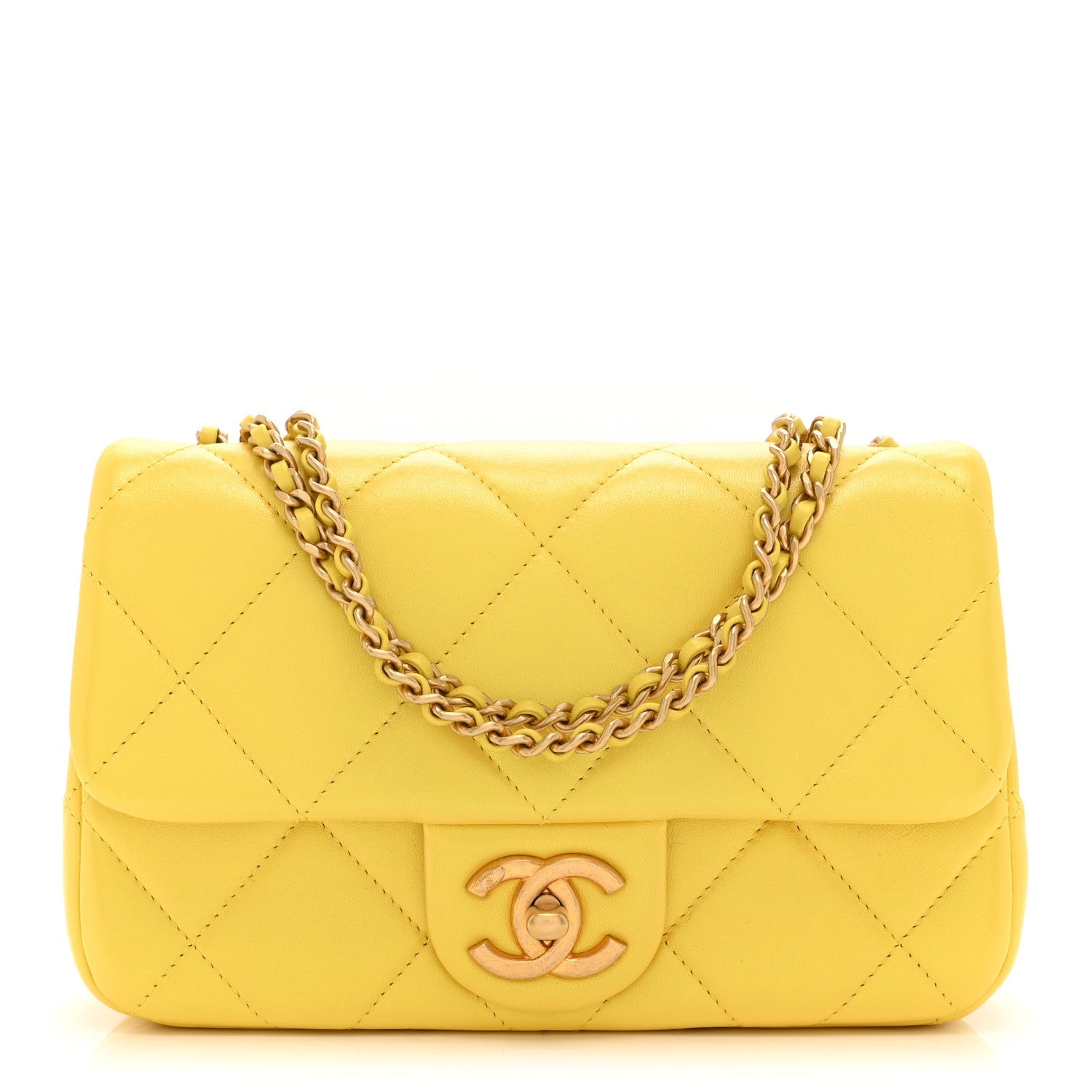 Iridescent Lambskin Quilted Mini Rectangular Pearl Crush Flap Yellow