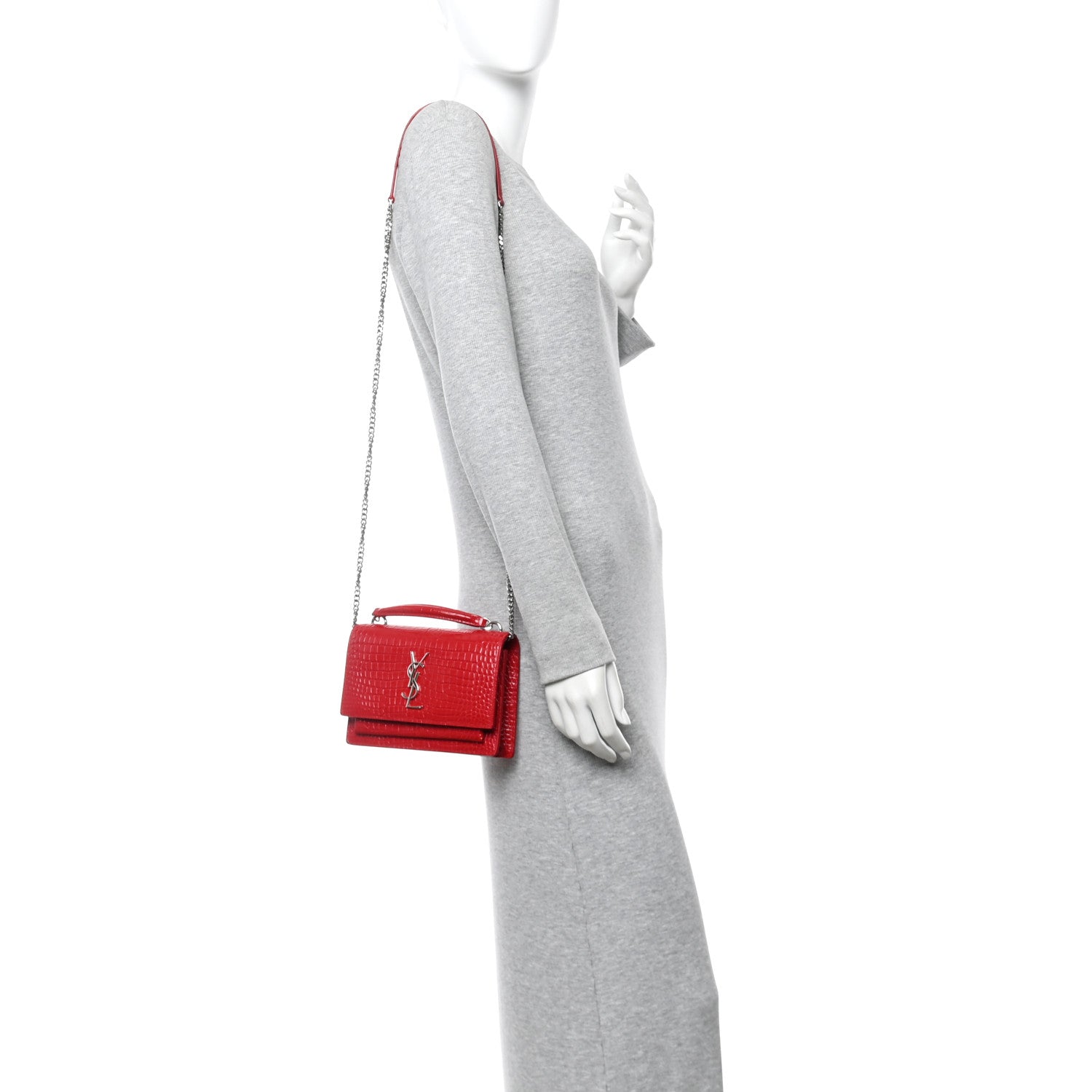 Calfskin Crocodile Embossed Monogram Sunset Chain Wallet Rouge Eros