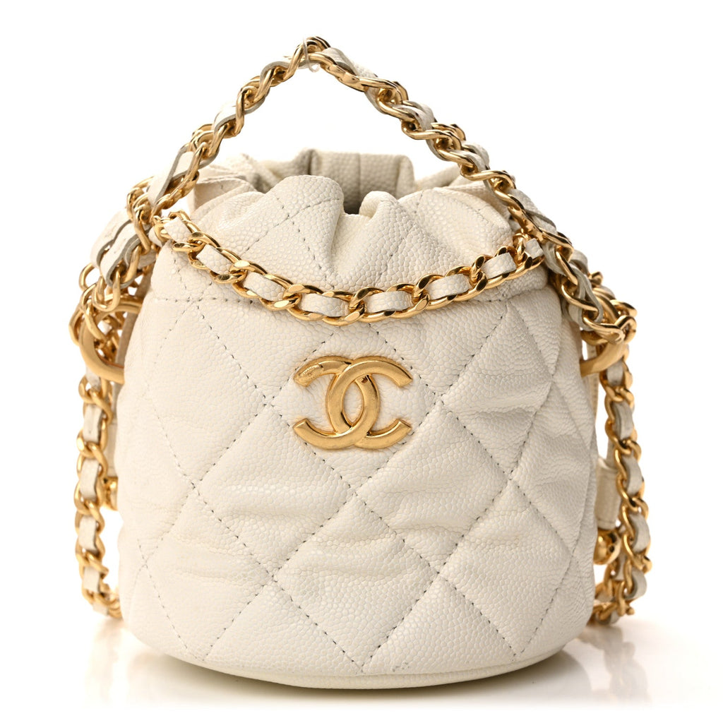 Caviar Quilted Coco First Bucket Clutch With Chain White
