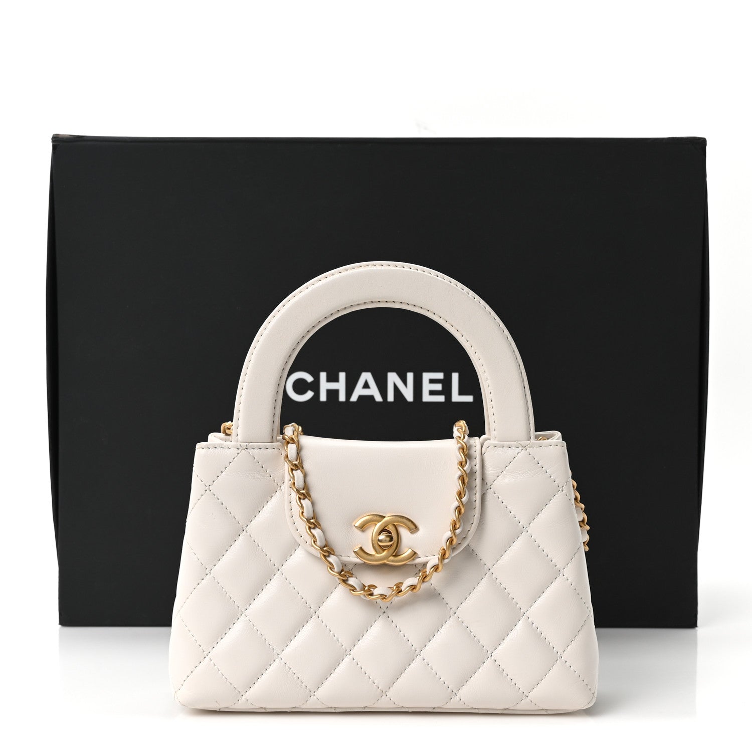 Shiny Aged Calfskin Quilted Nano Kelly Shopper White