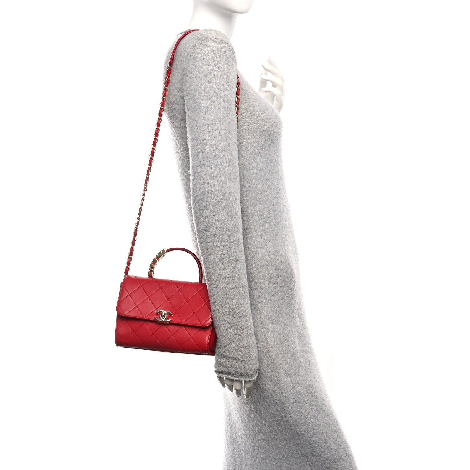 Lambskin Stitched Pearl Logo Top Handle Flap Red