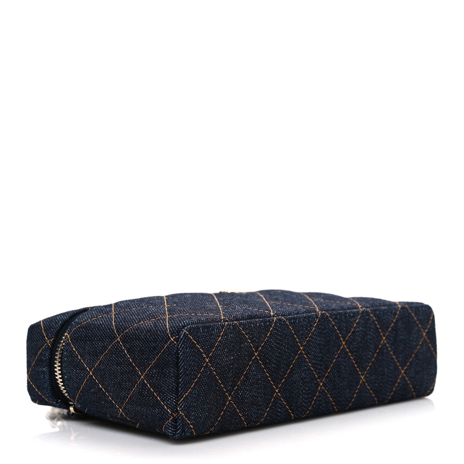 Denim Quilted Top Handle Slim Vanity Case With Chain Dark Blue Orange