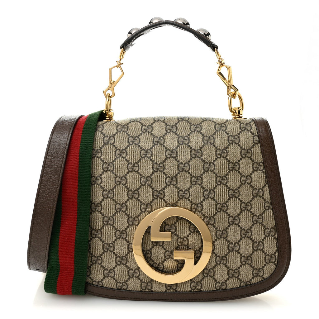 GG Supreme Monogram Textured Dollar Calfskin Web Medium Blondie Top Handle Shoulder Flap Bag Beige Ebony New Acero