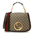GG Supreme Monogram Textured Dollar Calfskin Web Medium Blondie Top Handle Shoulder Flap Bag Beige Ebony New Acero