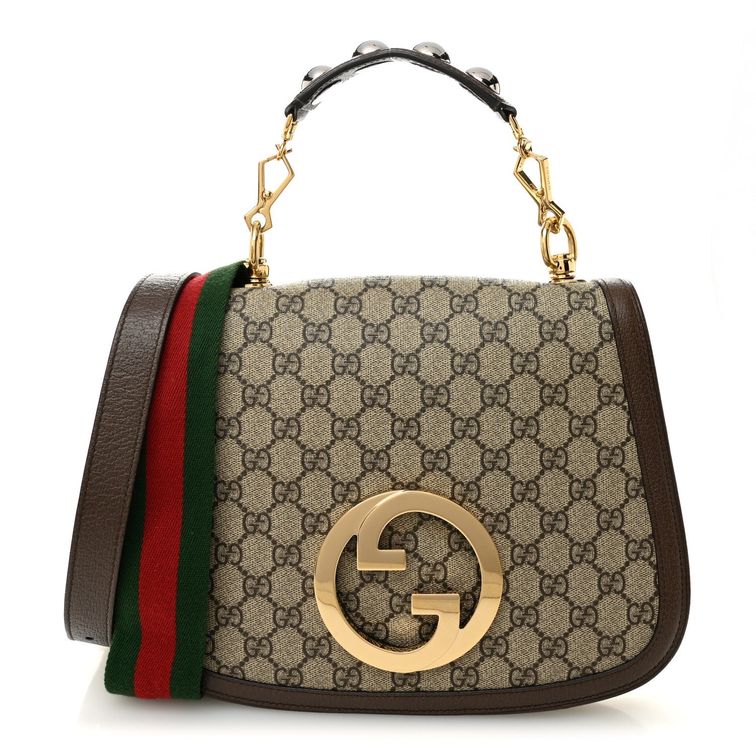 GG Supreme Monogram Textured Dollar Calfskin Web Medium Blondie Top Handle Shoulder Flap Bag Beige Ebony New Acero
