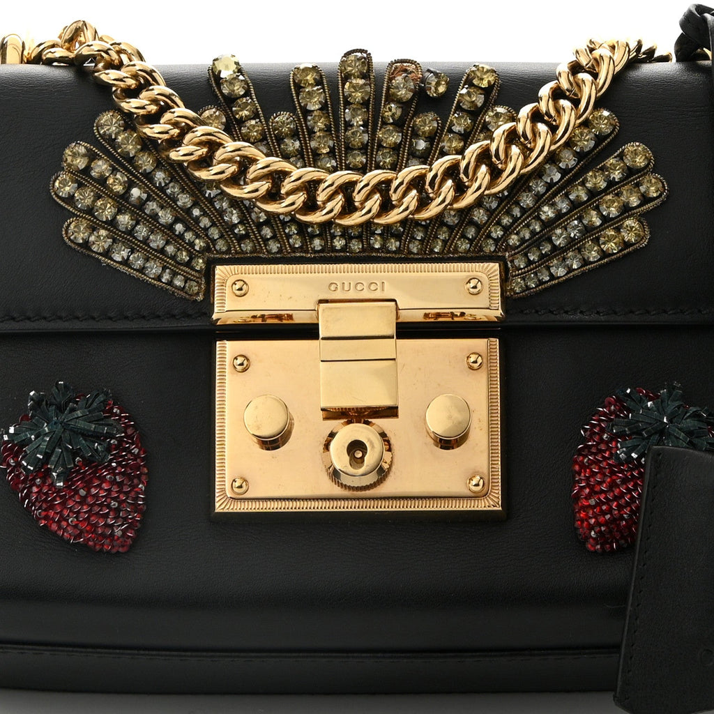 Calfskin Strawberry Embroidered Small Padlock Shoulder Bag Black