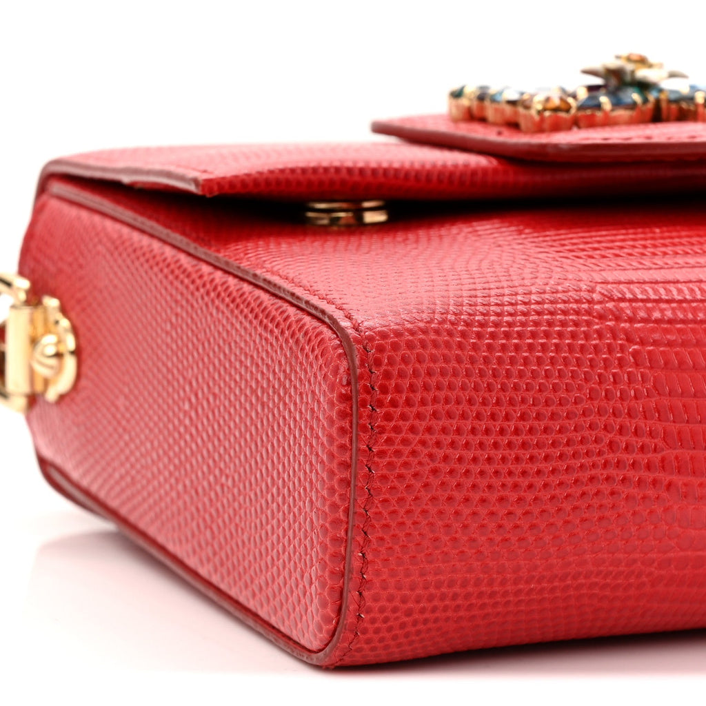Lizard Embossed Crystal Embellished DG Millennials Mini Crossbody Bag Red