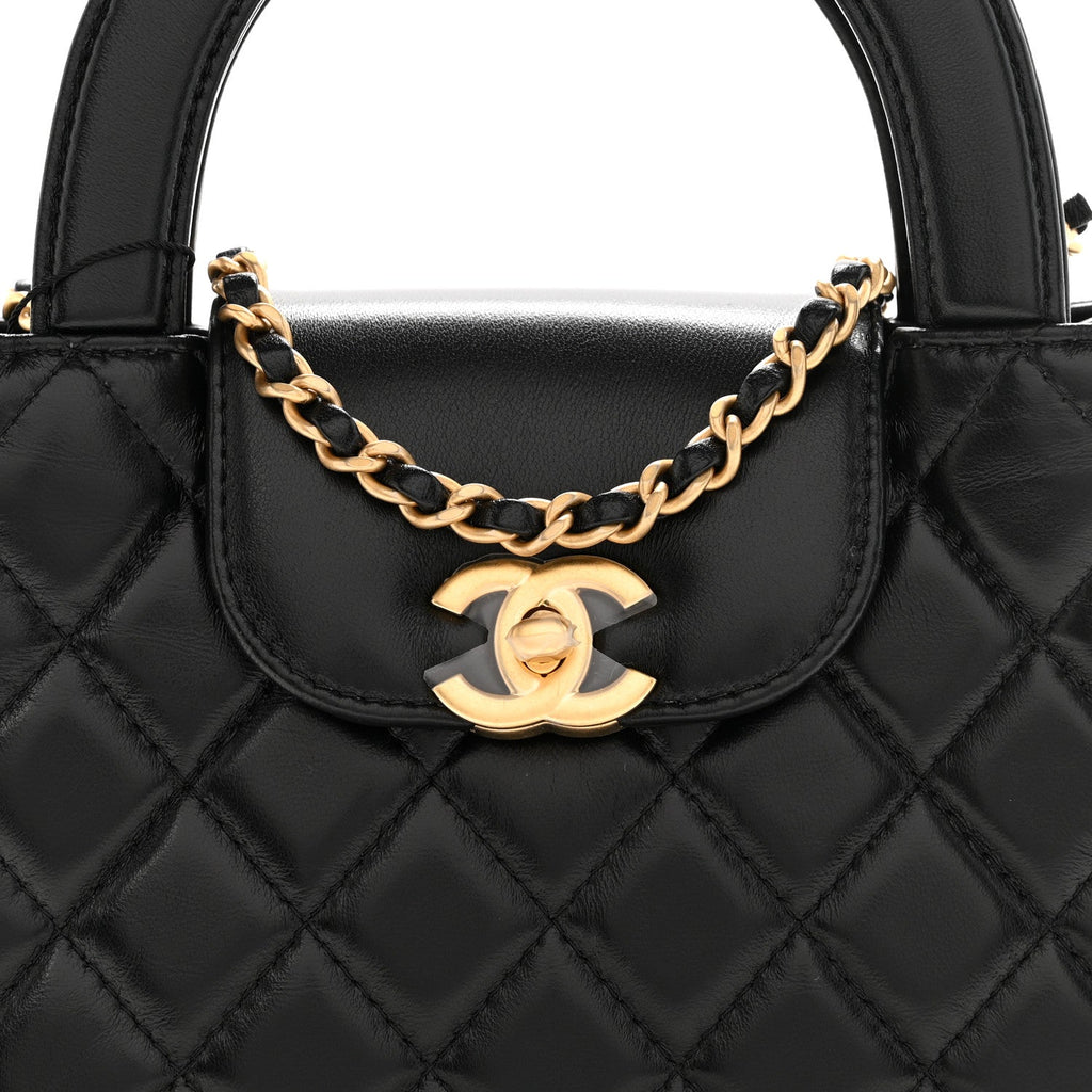 Shiny Aged Calfskin Quilted Nano Kelly Shopper Black