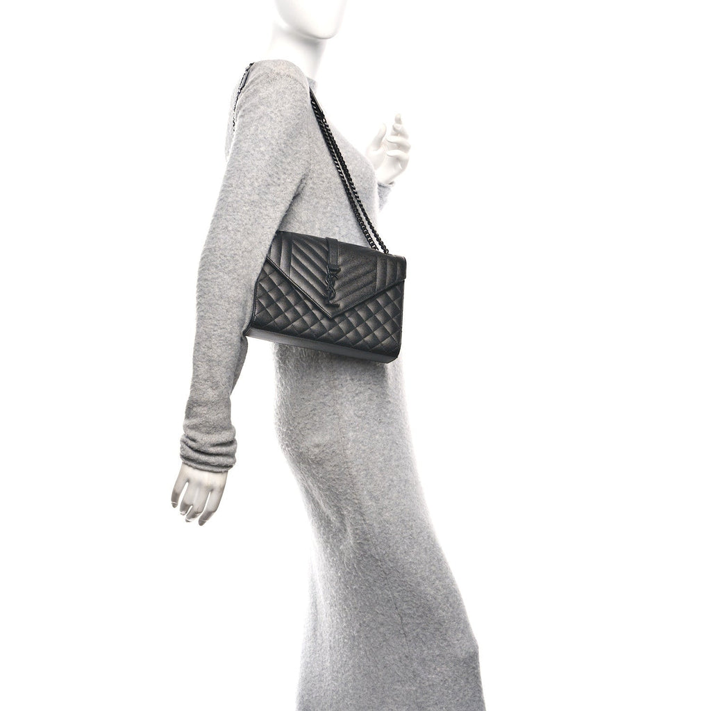 Grain De Poudre Textured Mixed Matelasse Triquilt Medium Monogram Monochrome Satchel Black