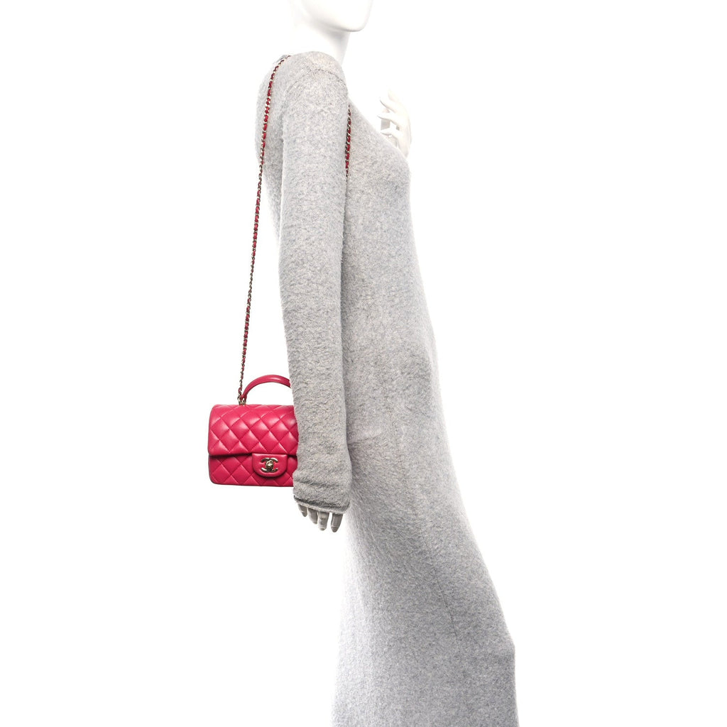Lambskin Quilted Mini Top Handle Rectangular Flap Dark Pink