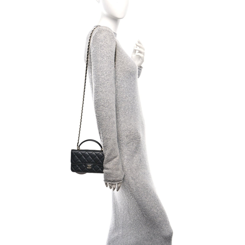 Lambskin Quilted Flap Phone Holder With Chain Black