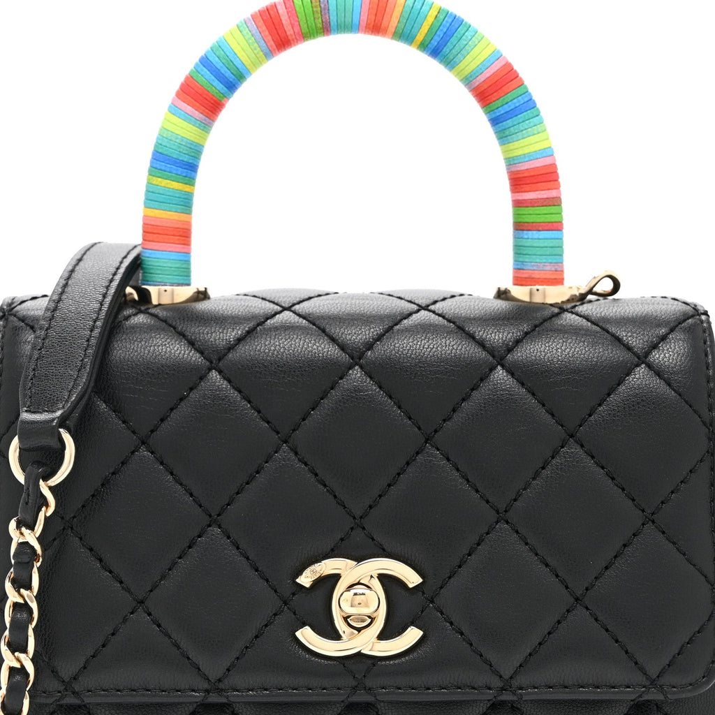 Goatskin Quilted Rainbow Extra Mini Coco Handle Flap Black