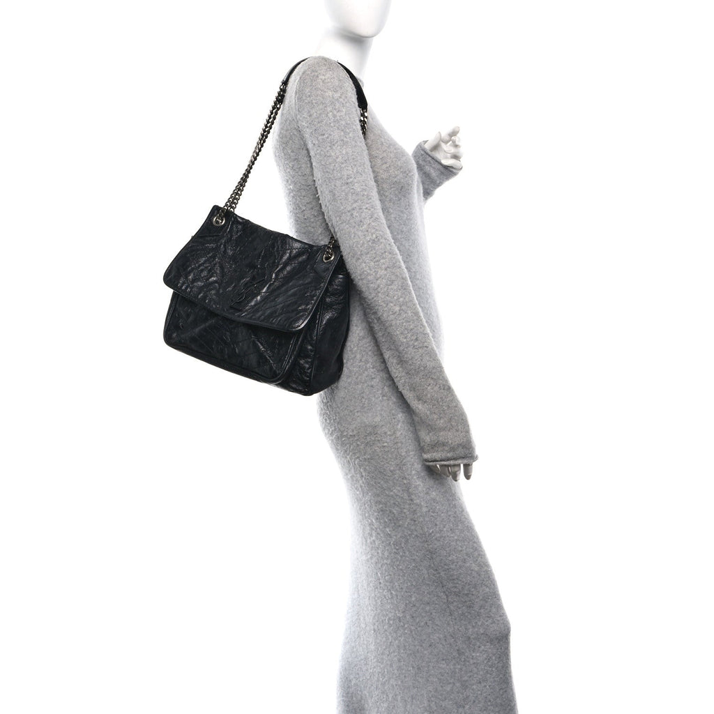 Crinkled Calfskin Matelasse Monogram Large Niki Chain Satchel Black