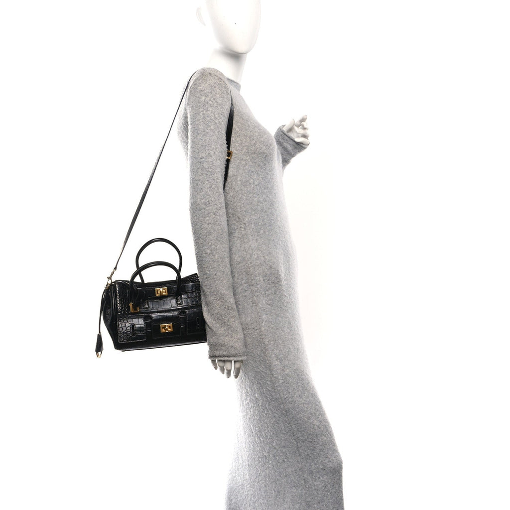 Calfskin Crocodile Embossed Mini Bel Air Carry All Bag Black