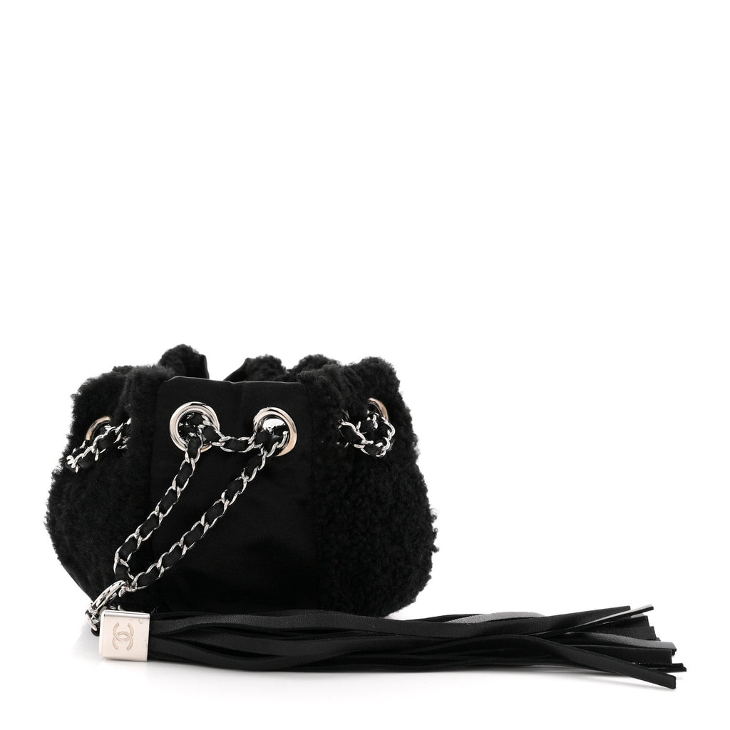 Fur Satin Drawstring Tassel Sac Cordon Shoulder Bag Black