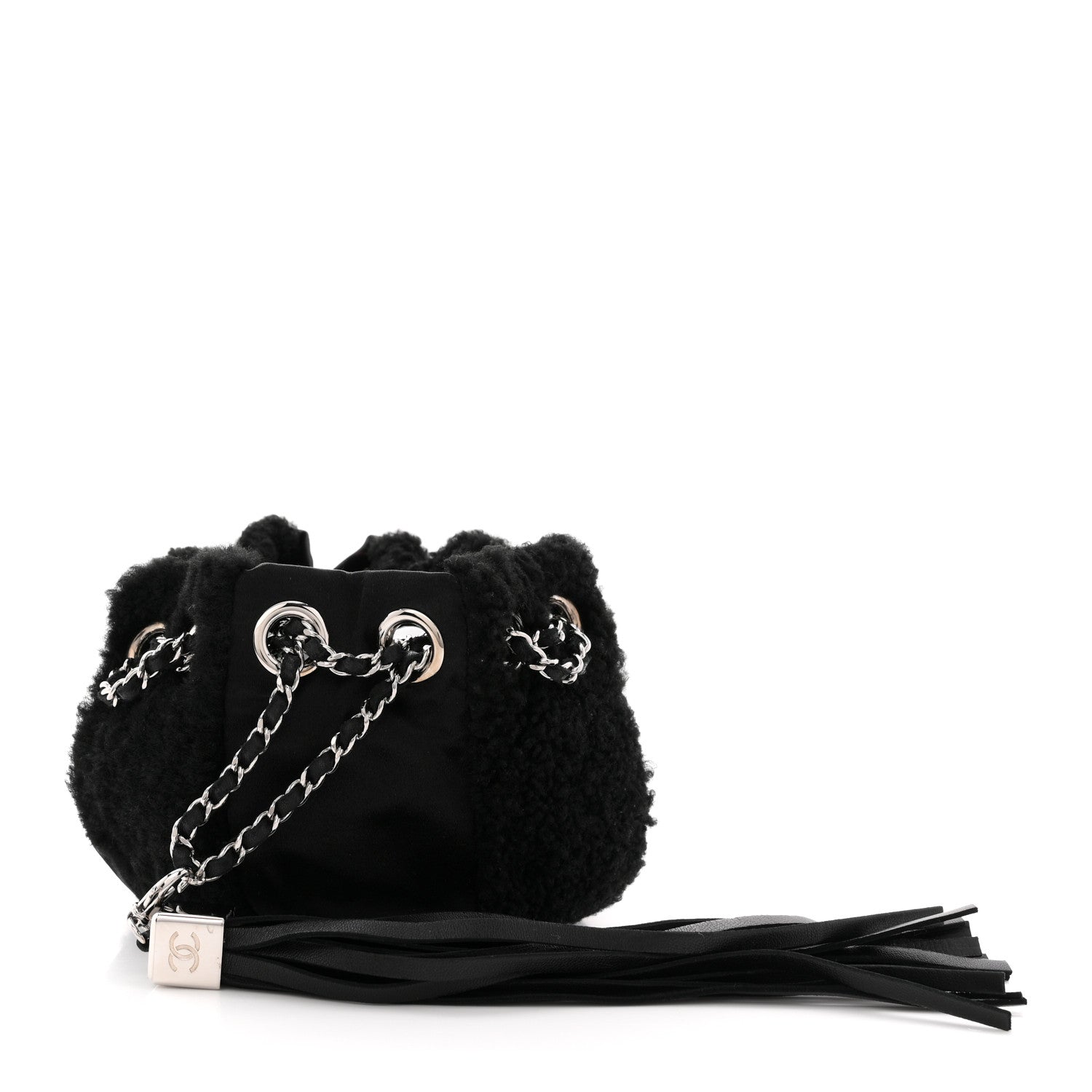 Fur Satin Drawstring Tassel Sac Cordon Shoulder Bag Black