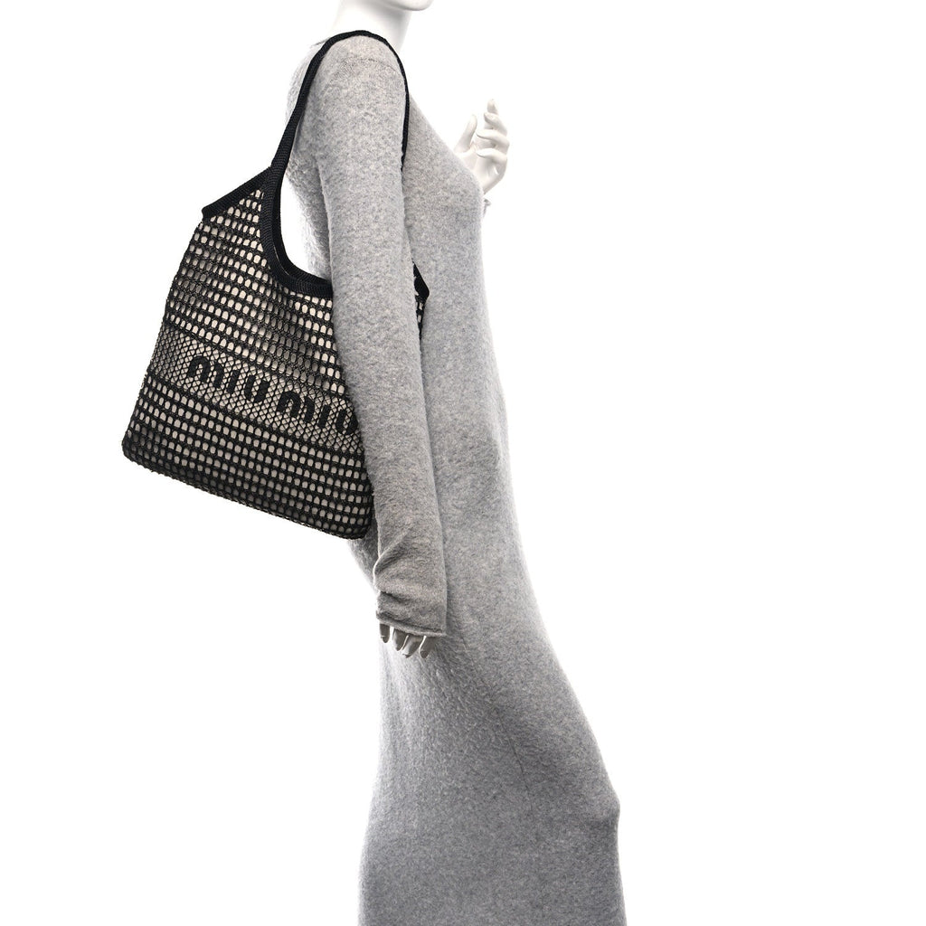 Raffia Effect Linen Logo Ivy Bag Black Natural