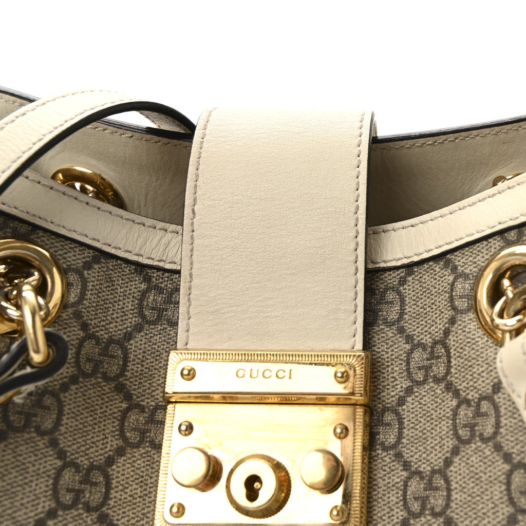 GG Supreme Monogram Moon Calfskin Small Padlock Tote Beige Ebony Mystic White