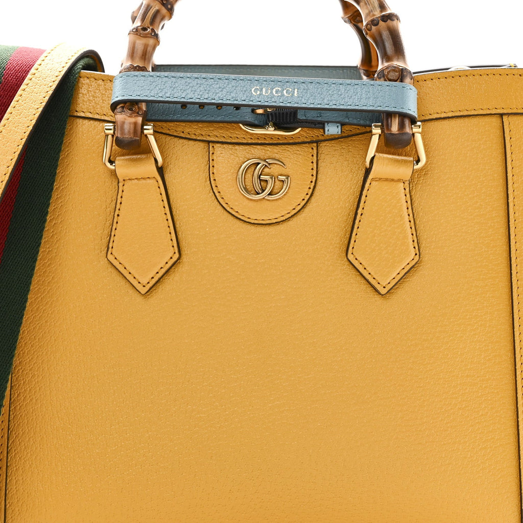 Textured Dollar Calfskin Web Small Diana Tote Bag Yellow Dusty Azure
