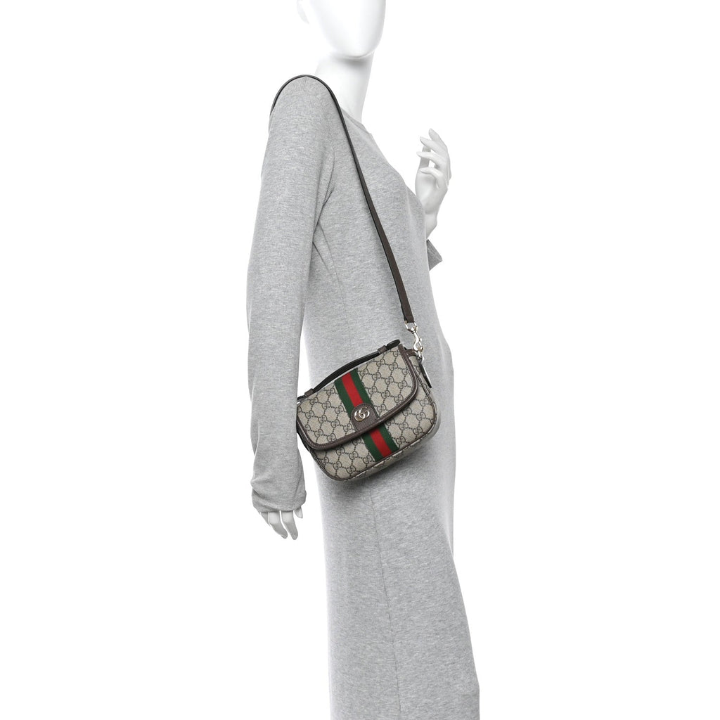 GG Supreme Monogram Textured Dollar Calfskin Small Ophidia Top Handle Shoulder Bag Beige Brown