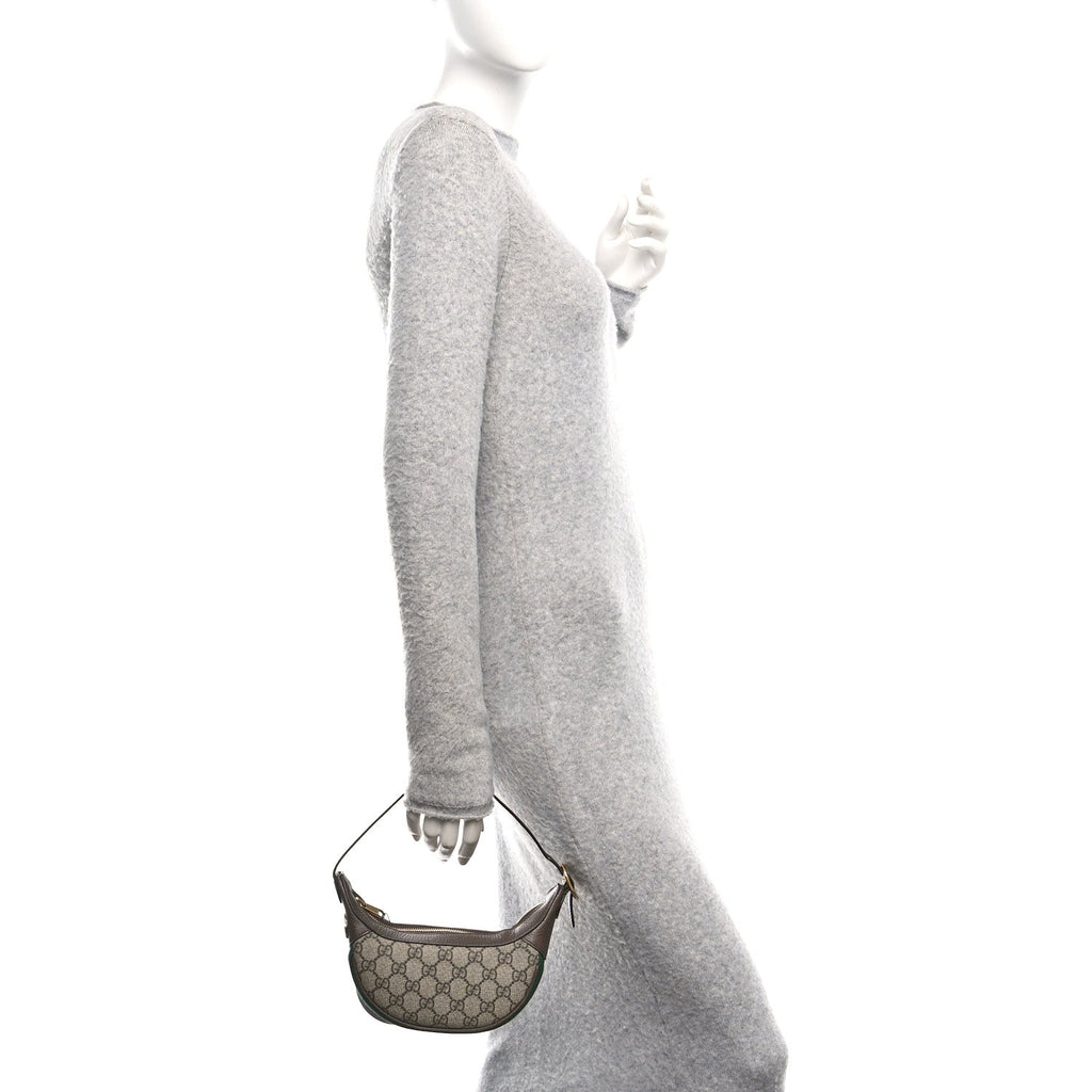 GG Supreme Monogram Textured Calfskin Web Mini Ophidia Half Moon Hobo Beige Ebony New Acero
