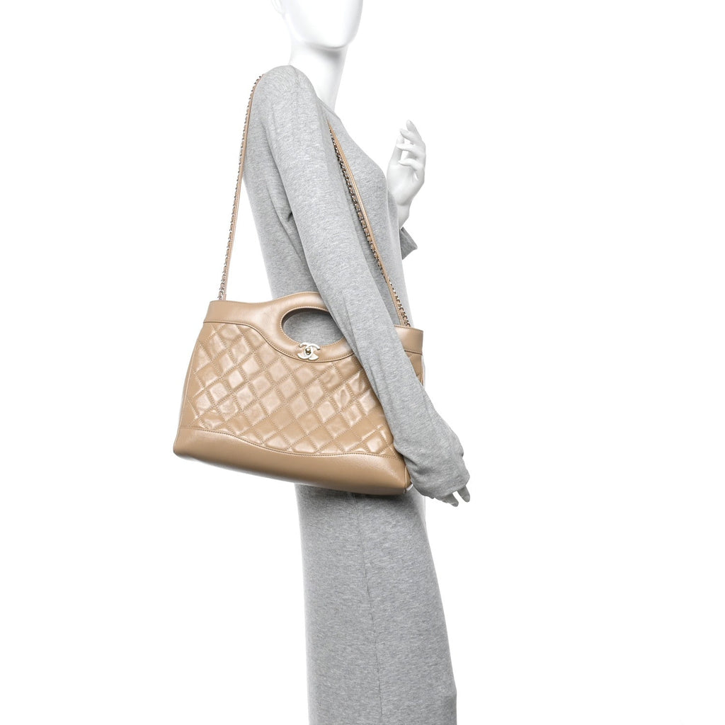 Shiny Crumpled Calfskin Quilted 31 Shopping Bag Dark Beige