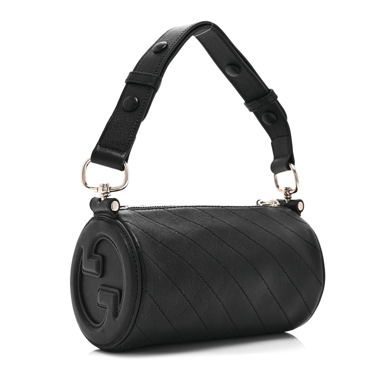 Sakai Be Green Calfskin Diagonal Stitched Mini Blondie Barrel Shoulder Bag Black