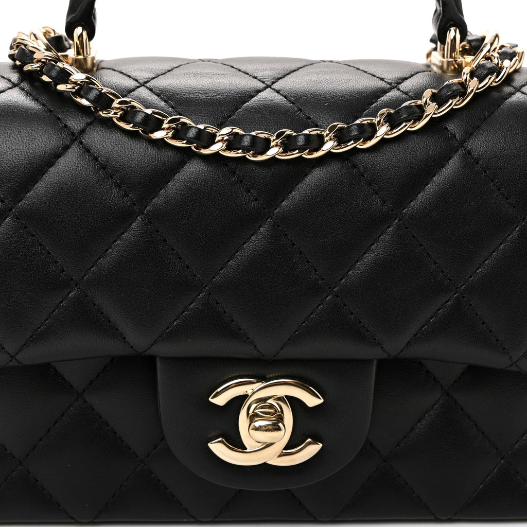 Lambskin Quilted Mini Top Handle Rectangular Flap Black
