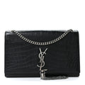 Calfskin Crocodile Embossed Medium Classic Monogram Kate Tassel Satchel Black
