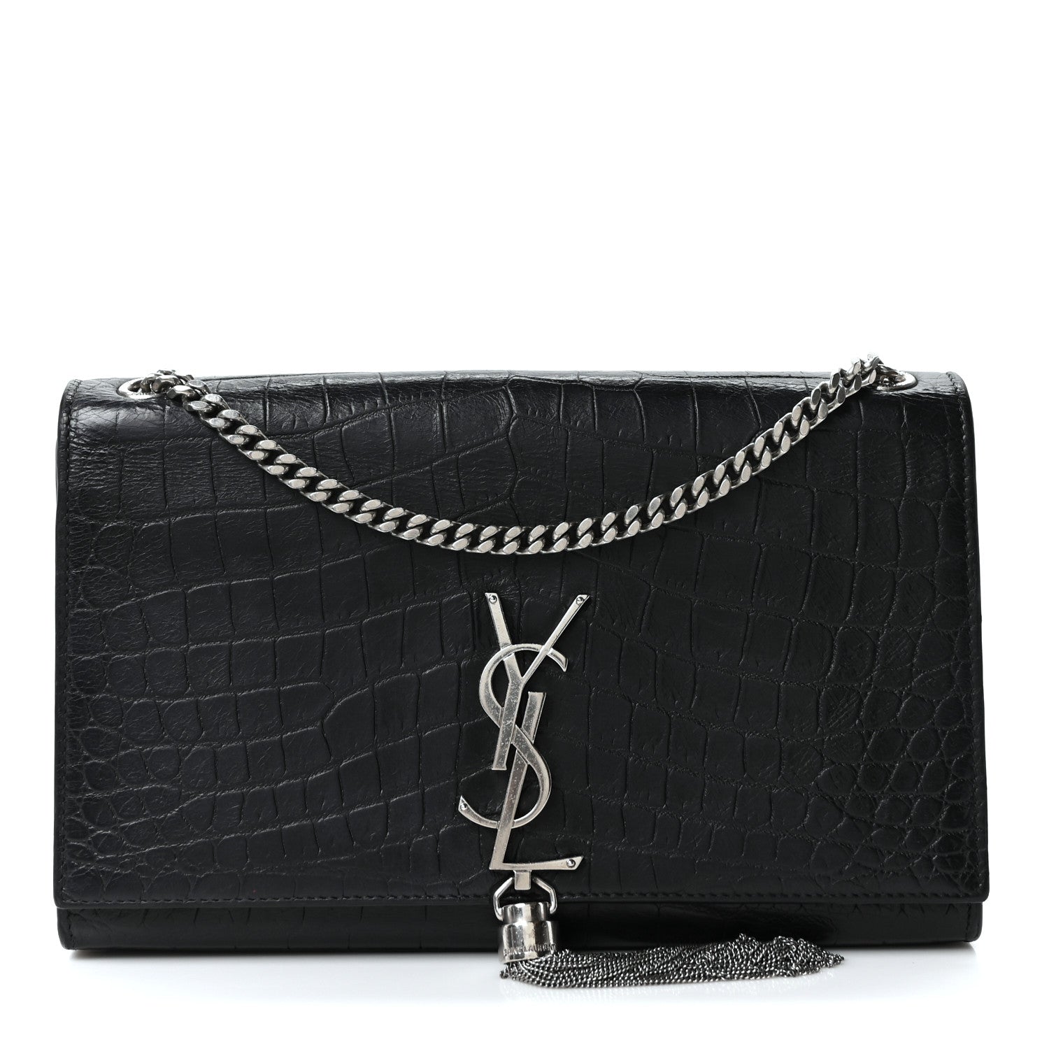 Calfskin Crocodile Embossed Medium Classic Monogram Kate Tassel Satchel Black