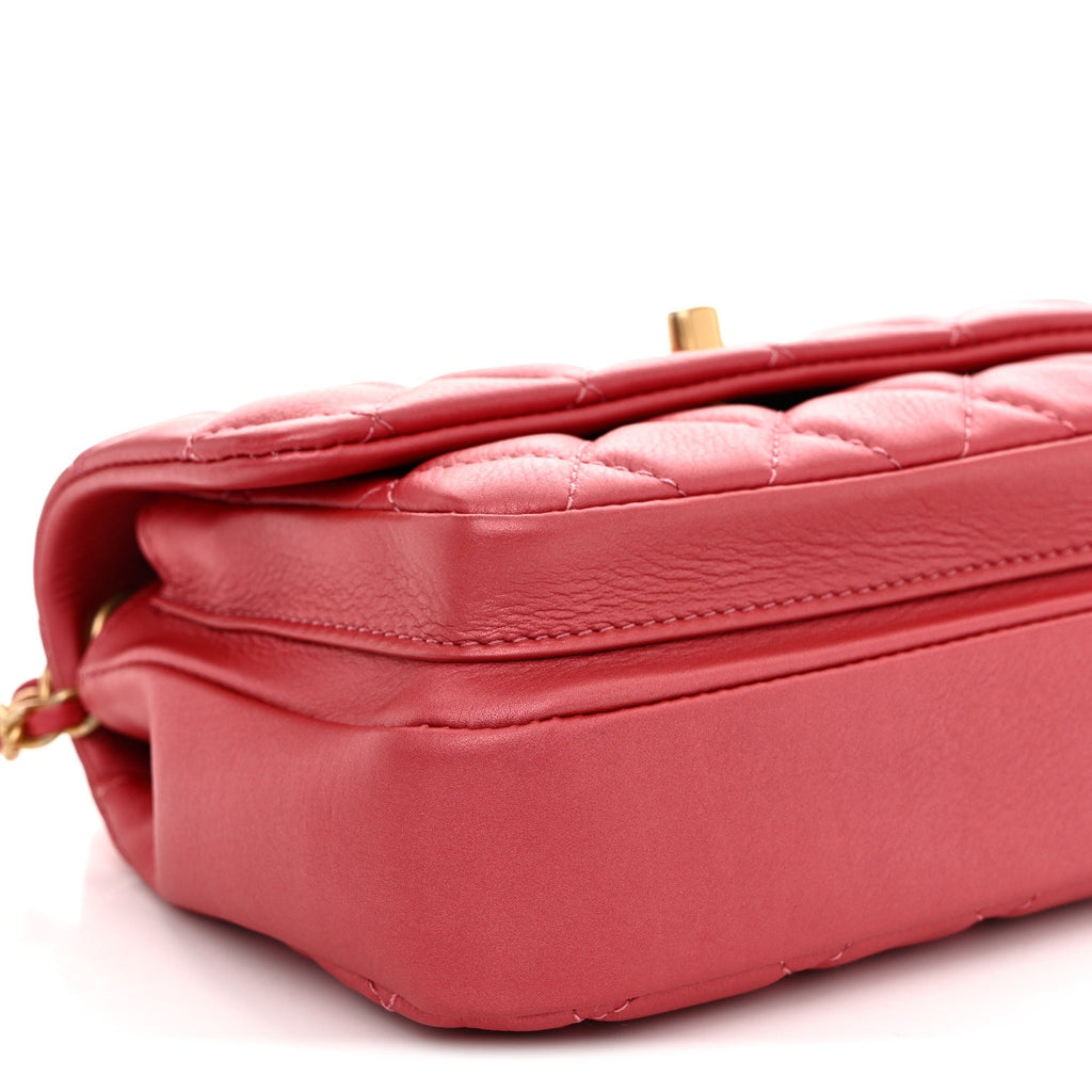 Metallic Calfskin Quilted Top Handle Flap Dark Pink