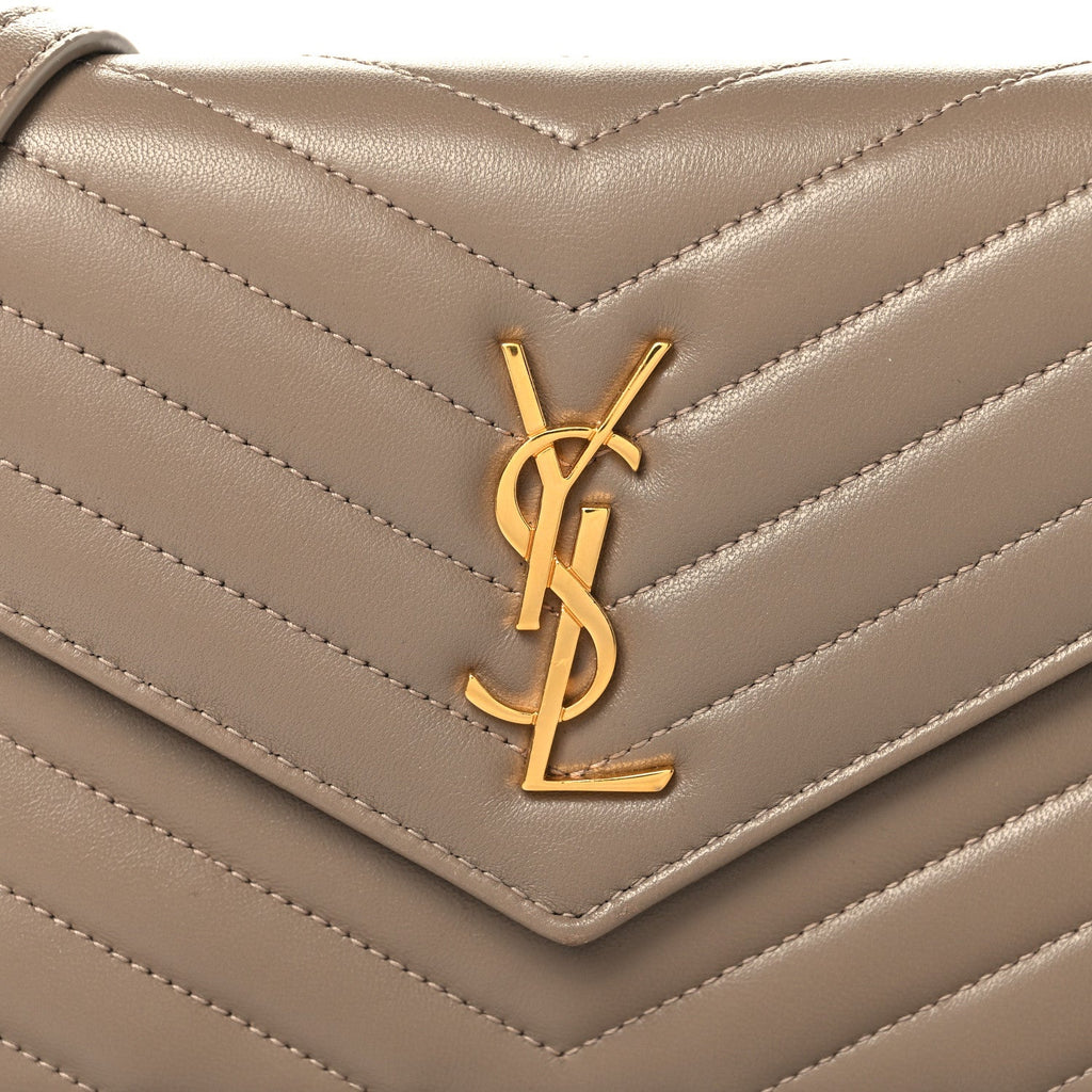 Lambskin Matelasse Chevron Monogram Envelope Chain Wallet Dusty Grey