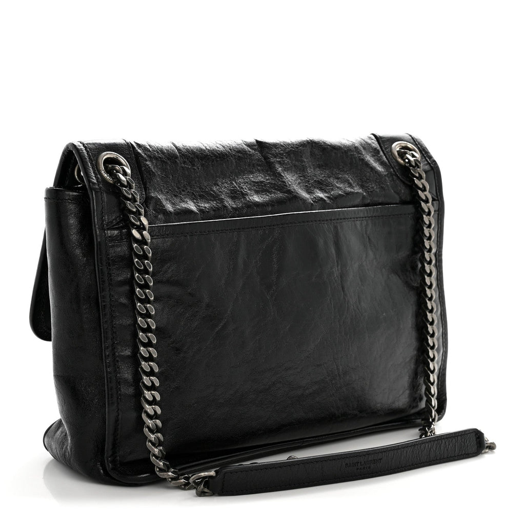 Crinkled Calfskin Monogram Medium Niki Chain Satchel Black