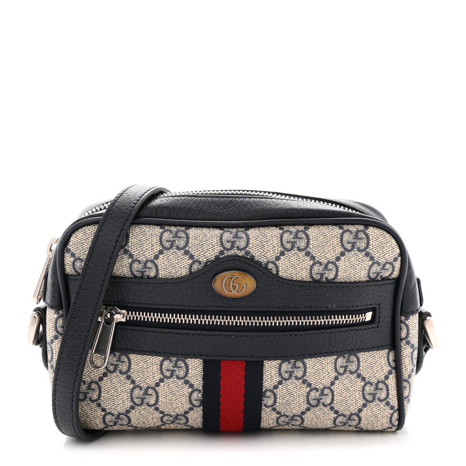 GG Supreme Monogram Textured Dollar Calfskin Web Mini Ophidia Shoulder Bag Beige Blue