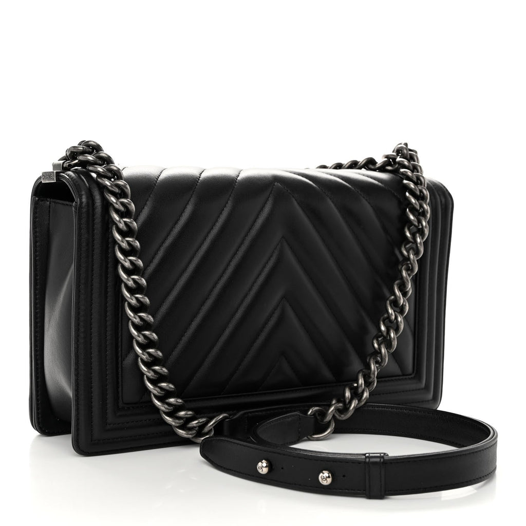 Calfskin Chevron Quilted New Medium Boy Flap Black